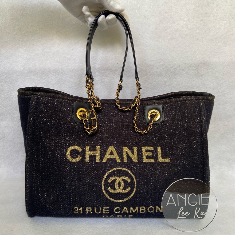 SOLDCHANEL 19A Deauville Small Shopping Tote Bag Glittery Navy Canvas Lurex Gold
